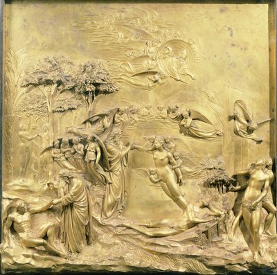 Die Geschichte von Adam, eines der Originaltafeln der Osttüren des Baptisteriums, 1425-52 (nach der Restaurierung) von Lorenzo Ghiberti